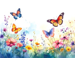 Colorful butterflies, flowers, watercolor