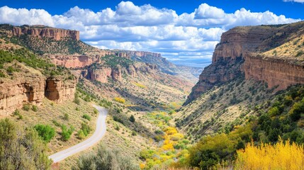 Scenic mountain valley road.  Autumn colors paint the canyon walls
