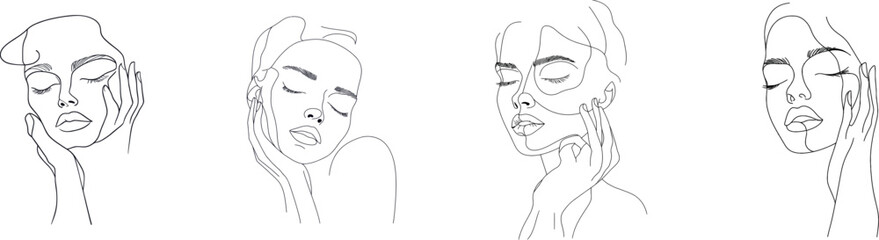 On a white isolated background, a modern illustration presents a woman's face drawn with just one line