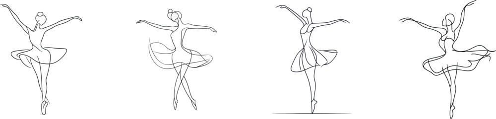 In this modern illustration, a ballerina is shown performing a dance by jumping in a single line drawing set against a white isolated background