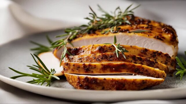 Juicy herb-marinated chicken breast served on a plate with fresh rosemary garnishing in a cozy dining setting