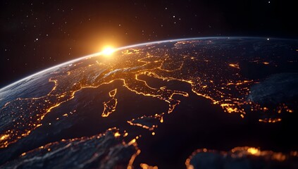 A map of Europe with glowing city lights and roads, symbolizing global connectivity, shot from space at sunset. The background is a dark blue sky, 