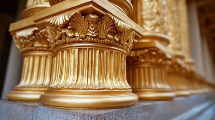 Close-up of Golden Architectural Pillars Showing Corinthian Details and Texture