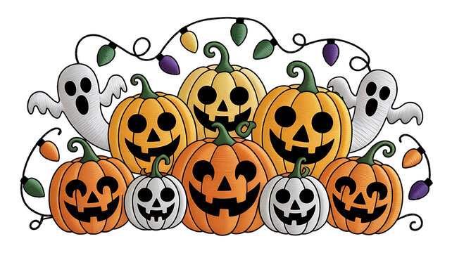 spooky vibes banner design with halloween pumpkin face with ghost and halloween style lights and theme embroidery design, created with generative ai	
