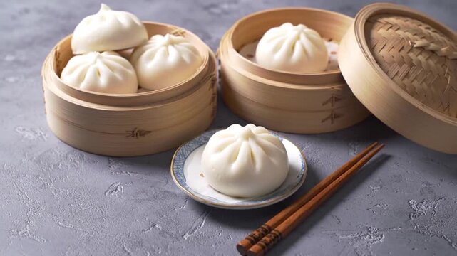Close up of sba bao fan s in bamboo steamers and on a plate with chopsticks on a gray surface