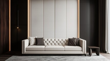 A modern interior featuring a stylish cream sofa with tufted design, complemented by chic cushions and elegant lighting against a dark wall.