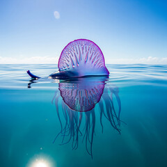A Portuguese Man O' War Floating in the Blue Ocean.