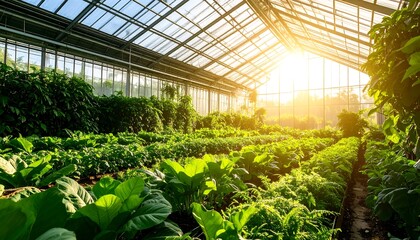 Lush greenery thrives in a sunlit greenhouse, showcasing sustainable agriculture