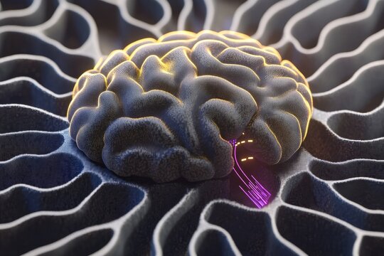 A detailed 3D rendering of a human brain, nestled within a complex, labyrinthine structure.  Glowing purple neural pathways connect the brain to the intricate network