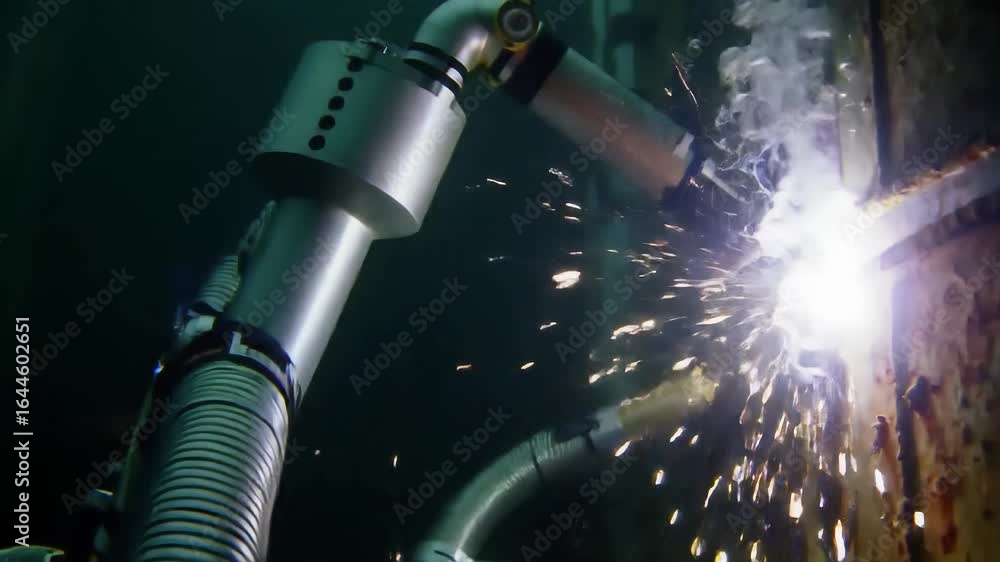 Poster automated welding process by a robotic arm in industrial setting provides efficiency and safety