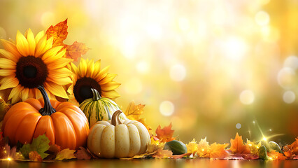 Autumn display of pumpkins, sunflowers, and colorful leaves for the culture and religion category. 
