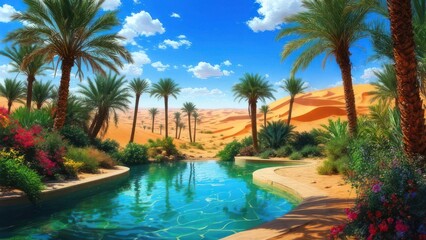Fototapeta premium Vibrant Desert Sanctuary: A Crystalline Pool Amidst Golden Dunes and Lush Palms