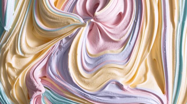 Close up view of pastel colored frosting swirls with pink yellow and blue hues in a textured pattern