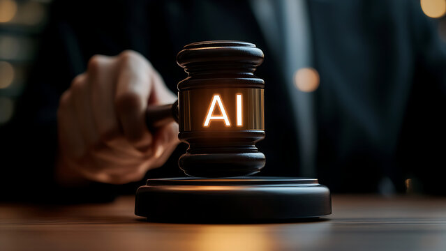 A hand holds a dark judge's gavel, illuminated with the glowing orange text "AI." The background is blurred.
