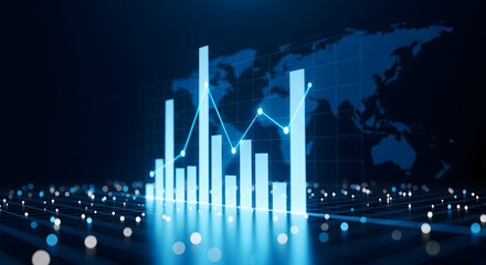 Futuristic Financial Data Visualization with Glowing Blue Bars and Ethereal Global Map Background

