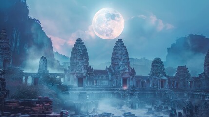 A full moon rising over a majestic ancient temple surrounded by misty mountains casting a soft glow over the stone structures A mystical atmosphere with 