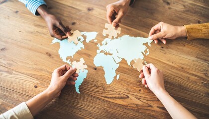 Diverse Hands Connecting World Map Puzzle Pieces: Collaboration Teamwork Top View Global Unity Concept Perfect for Teamwork Global Business and International Collaboration Projects