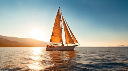 A sailboat sailing on the ocean at sunset, with a clear blue sky and mountains in the background.