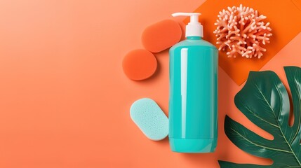 A two tone teal and orange body wash bottle accompanied by coral leaves and sponges rests on an orange background, creating a vibrant and fresh scene ideal for bathroom, skincare, and personal care 
