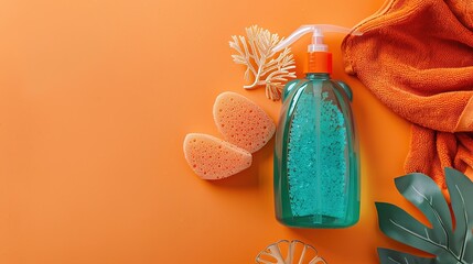 A two tone teal and orange body wash bottle accompanied by coral leaves and sponges rests on an orange background, creating a vibrant and fresh scene ideal for bathroom, skincare, and personal care 