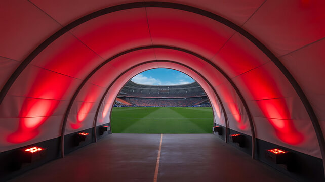 red tunnel leading to a soccer stadium, with a view of the field visible through the opening created with generative ai