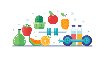 Obraz premium Healthy lifestyle fitness and nutrition concept with fruits vegetables and weightlifting equipment vector design