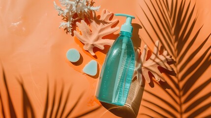 A two tone teal and orange body wash bottle accompanied by coral leaves and sponges rests on an orange background, creating a vibrant and fresh scene ideal for bathroom, skincare, and personal care 