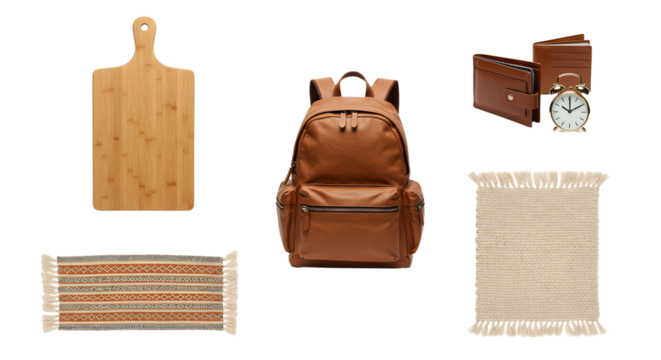 LIFESTYLE - Brown leather backpack with wooden cutting board and woven fabric placemats isolated on white background - Powered by Adobe