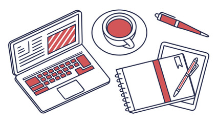 Fototapeta premium Workspace illustration with laptop coffee notebook and pen for productivity and work from home concept