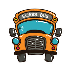 Cute cartoon school bus front view in doodle hand-drawn vector style. Isolated on a white background.Perfect for kids, or back to school themed.