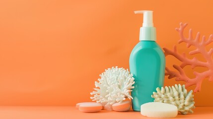 A two tone teal and orange body wash bottle accompanied by coral leaves and sponges rests on an orange background, creating a vibrant and fresh scene ideal for bathroom, skincare, and personal care 