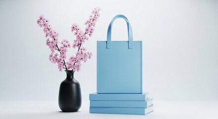 Soft blue tote bag and cherry blossoms in vase on books