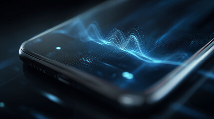 Smartphone screen with AI assistant hologram emerging, voice recognition waves, minimal futuristic interface