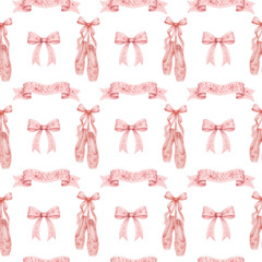 Pink pointe shoes Seamless Pattern with Bows, Ballet Shoes, Cherries and Butterflies