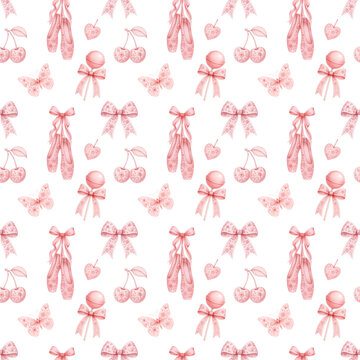 Pink pointe shoes Seamless Pattern with Bows and cherries, Ballet Shoes, and Butterflies