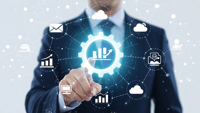 Businessman touching glowing gear with digital network and icons