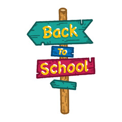 ''Back to School'' text on wooden signpost in hand-drawn doodle vector style. Isolated on white background. perfect for kids, school, or education themes.