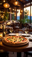 Fototapeta premium A freshly baked gourmet pizza topped with tomatoes, olives, basil, and melted cheese, served on a wooden table in a cozy restaurant setting. Warm evening lighting, wine glasses, and candlelight create