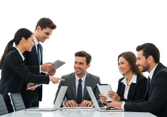 Fototapeta premium Business meeting with diverse team collaborating on a project, isolated on white background