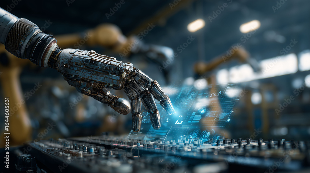 Poster robotic hand reaching towards control panel of digital machines, ai-driven automation, factory backg
