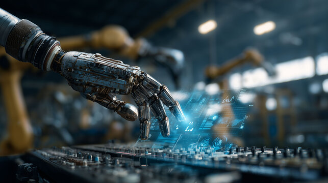 Robotic hand reaching towards control panel of digital machines, AI-driven automation, factory background with smart robotic arms - Powered by Adobe