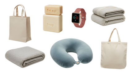 LIFESTYLE - Travel essentials including reusable tote bags, soap bars, cozy towels, a neck pillow, and a smart watch for comfortable and organized trips