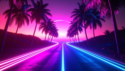 Neon dreams highway: a retro-futuristic journey with palm trees and vibrant lights