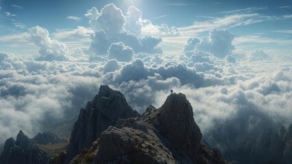 Two Climbers on a Jagged Summit, Gazing Over a Majestic Sea of Sunlit Clouds