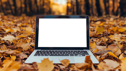 Laptop amid fall foliage, depicting an autumn work theme. The screen is blank.