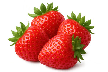 Four ripe strawberries with green leaves are displayed on a transparent background, showcasing their vibrant red color and seed details