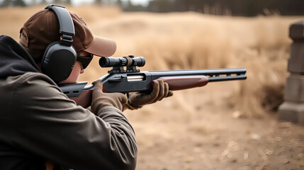 Combat shotgun shooting training. Long gun, pump gun and scattergun