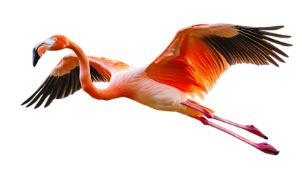 A flamingo in flight. This flamingo is pink with black wingtips. The background is transparent.