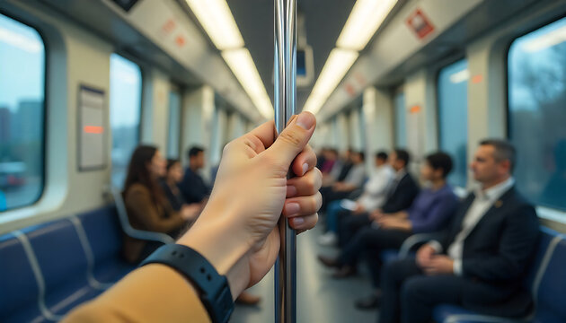 hand of Commuter holding handrail inside BTS sky train during transit with seated passengers, created with generative ai	
 - Powered by Adobe
