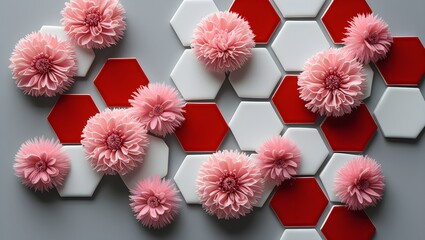 Vector hexagon pattern with red and white flowers for a seamless geometric wallpaper design